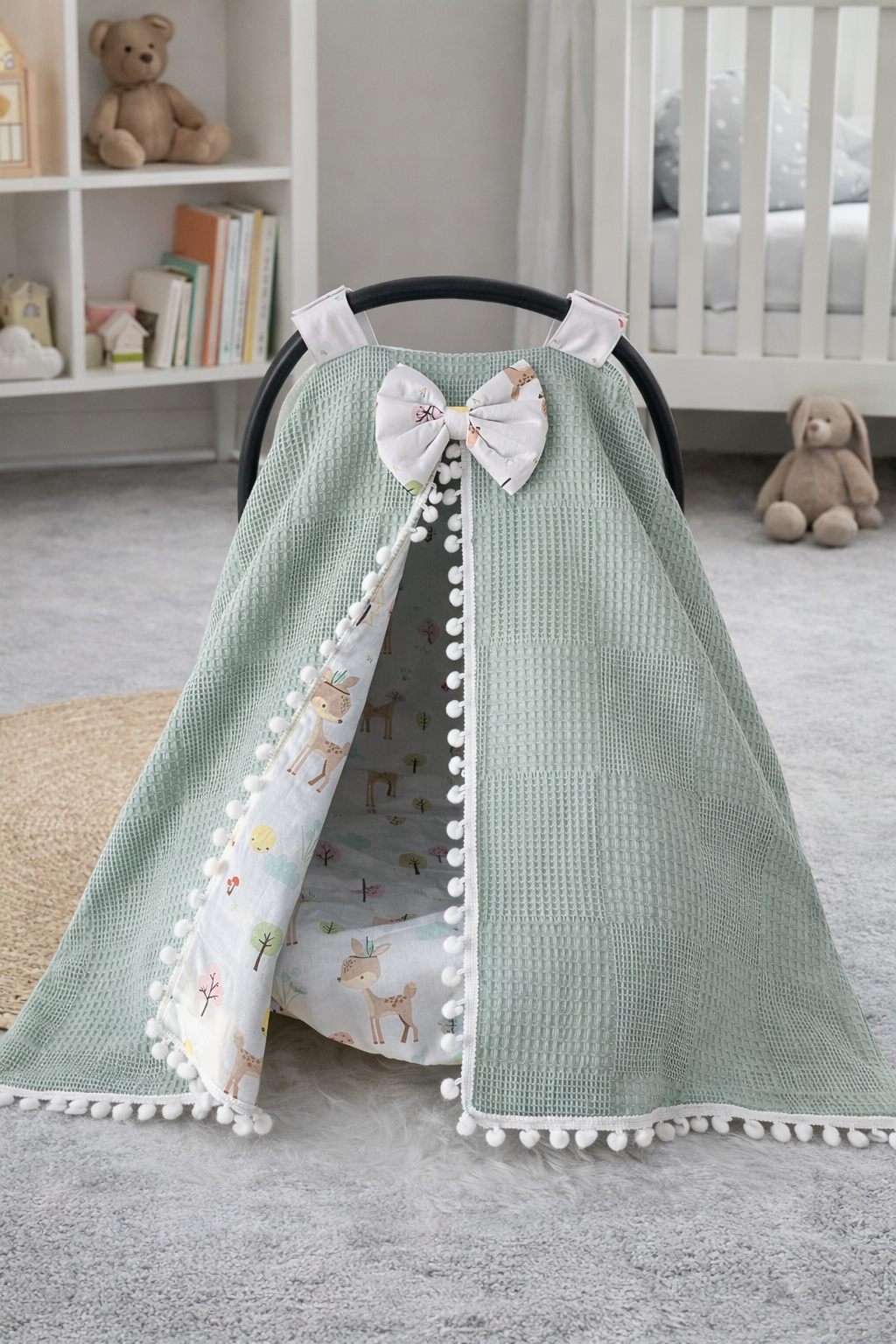 Jaju Baby Wafle Pike Kumaş Ceylan Desenli Ponponlu Puset Örtüsü ve Çarşafı