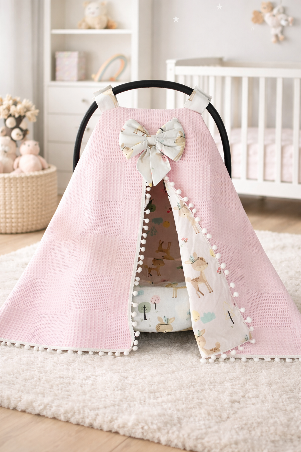 Jaju Baby Wafle Pudra Pike Kumaş Ceylan Desenli Ponponlu Puset Örtüsü ve Çarşafı