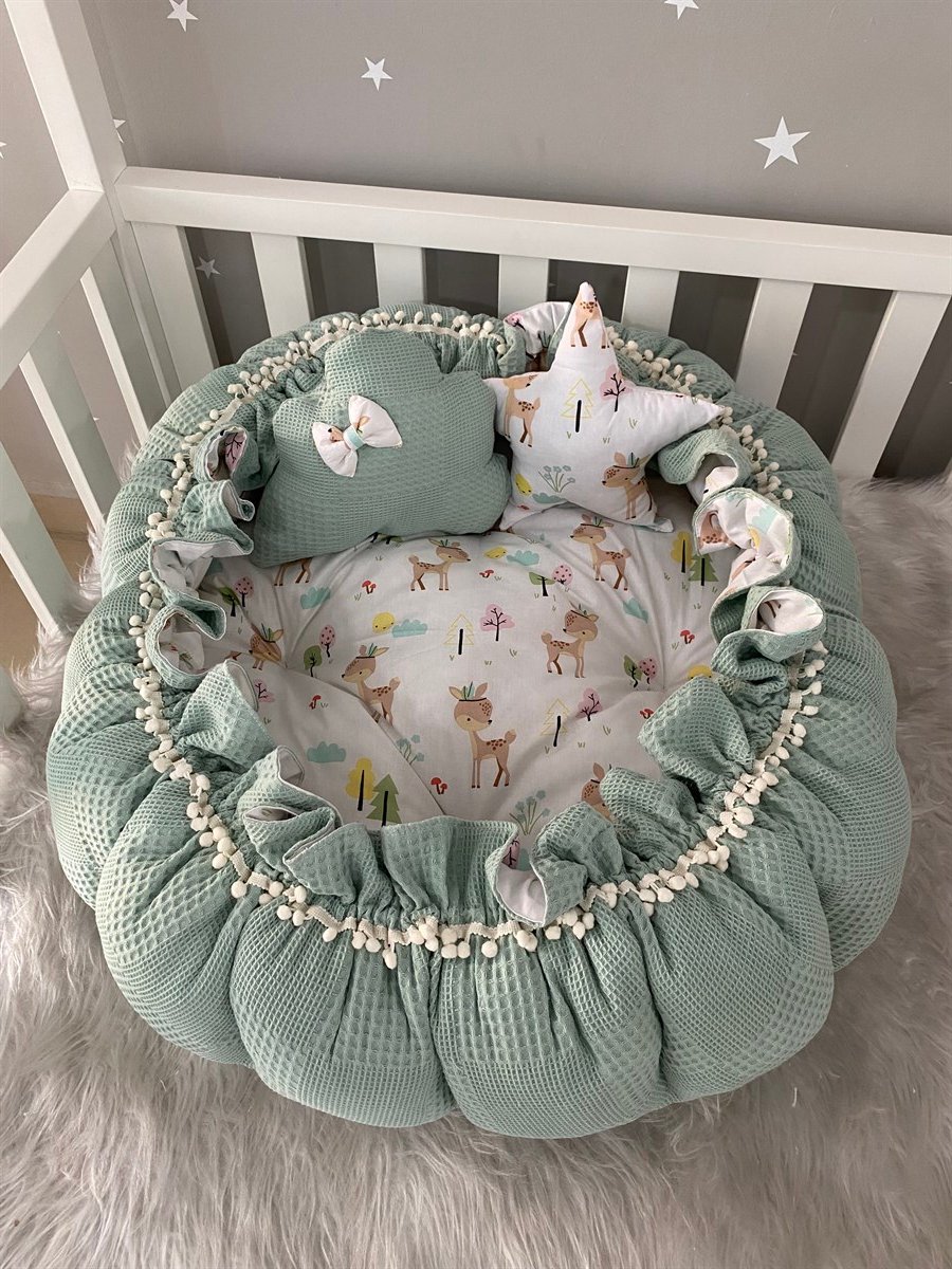 Jaju Baby Yeşil Pike Kumaş Ceylan Kumaş Kombinli Tasarım Açılır - Kapanır Oyun Minderi Bebek Yuvası