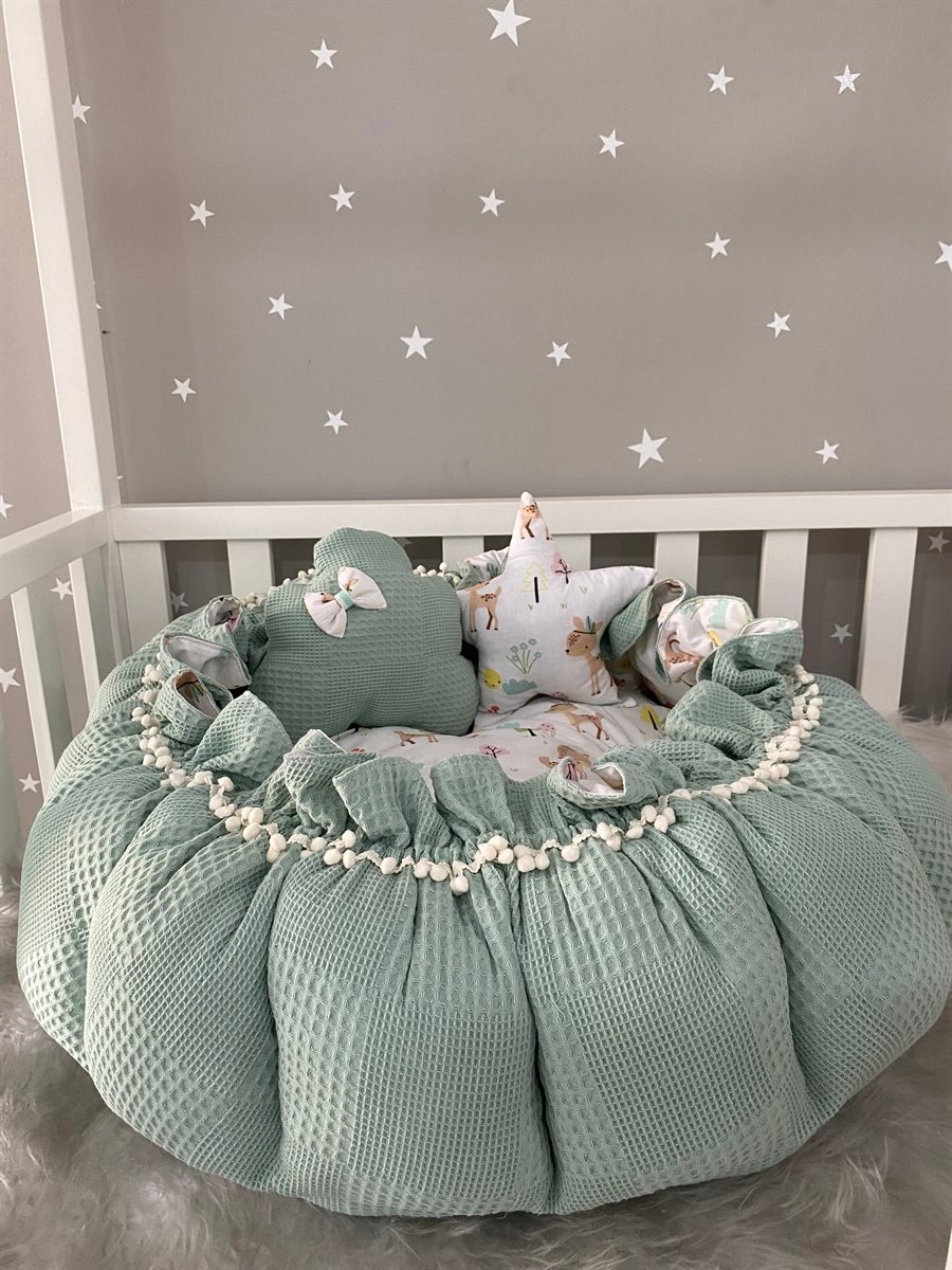 Jaju Baby Yeşil Pike Kumaş Ceylan Kumaş Kombinli Tasarım Açılır - Kapanır Oyun Minderi Bebek Yuvası