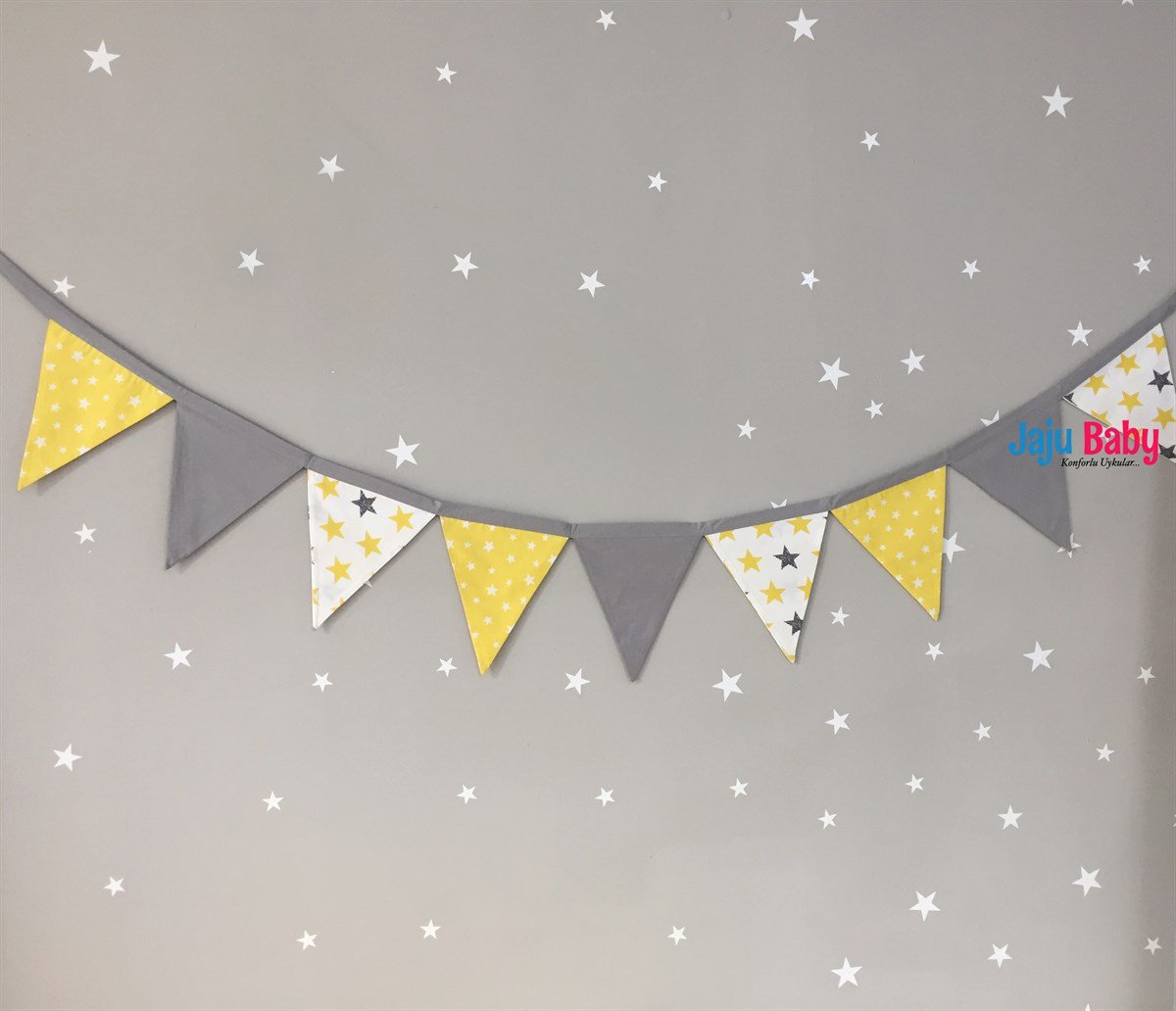 KidiMoon Gri Sarı Yıldızlı Bebek/Çocuk Odası Flama