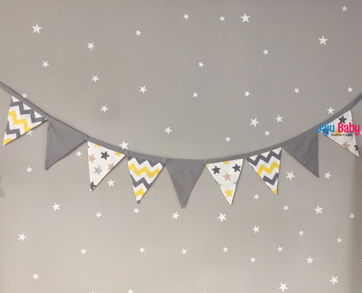 KidiMoon Gri Sarı Zikzaklı Bebek/Çocuk Odası Flama