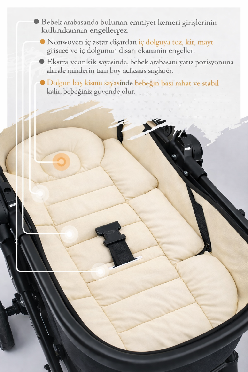 Krem Lüks Bebek Arabası Minderi – Ergonomik Destekli – 80 x 38 cm