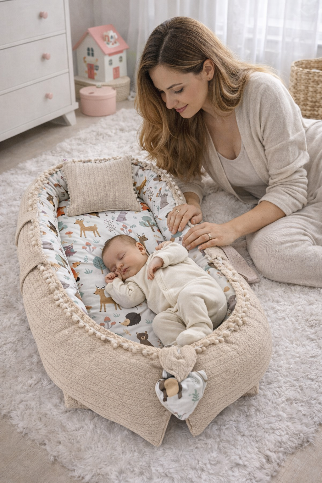 Orman Desenli Bej Örgü Kumaş Lüx Babynest - Güvenli Bebek Uyku Yatağı