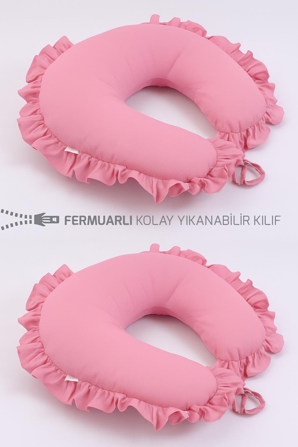 Pembe Fırfırlı Emzirme & Destek Yastığı – Fermuarlı, Yıkanabilir Kılıf | %100 Pamuk