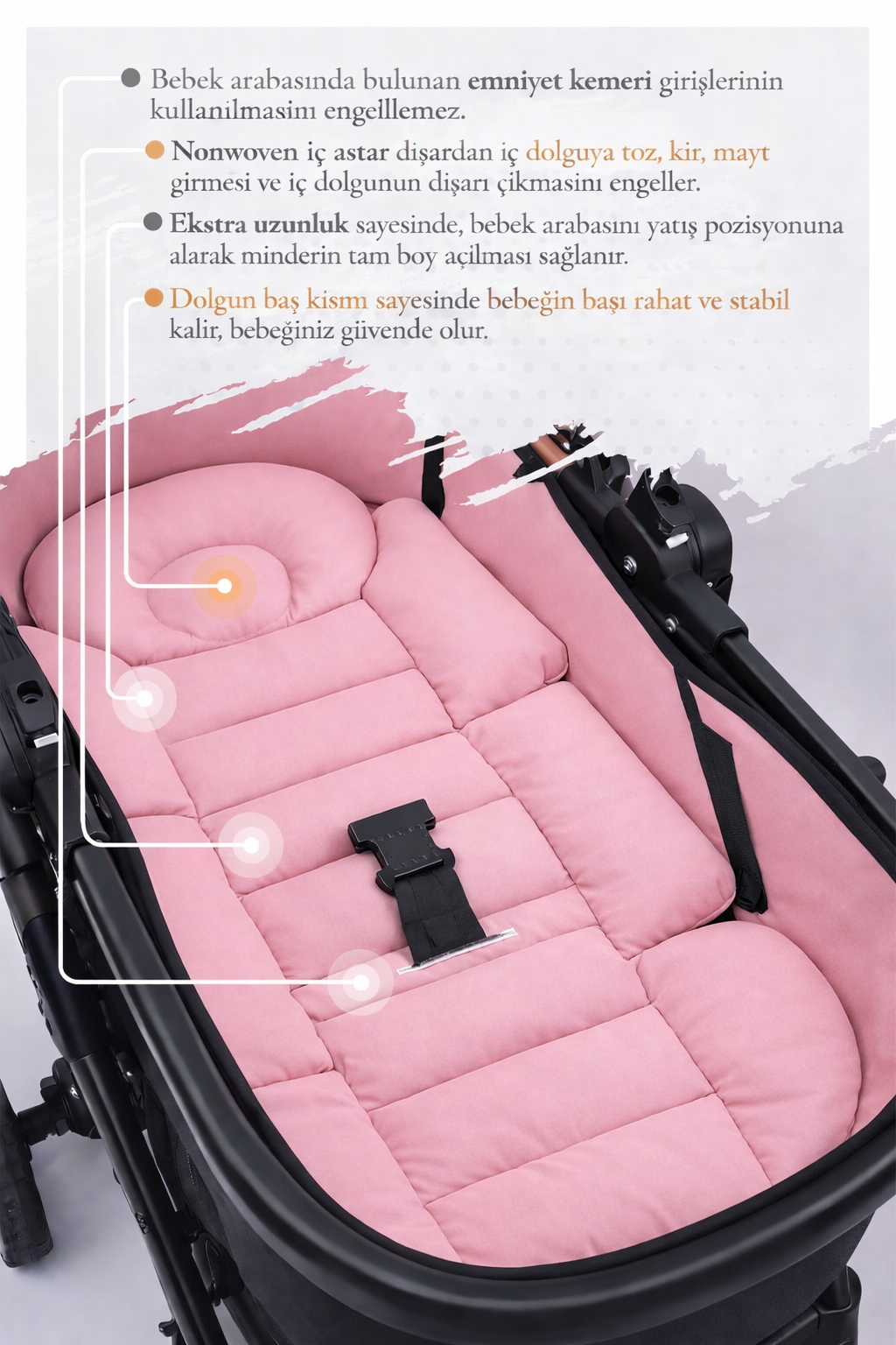 Pembe Lüks Bebek Arabası Minderi – Ergonomik Destekli – 80 x 38 cm