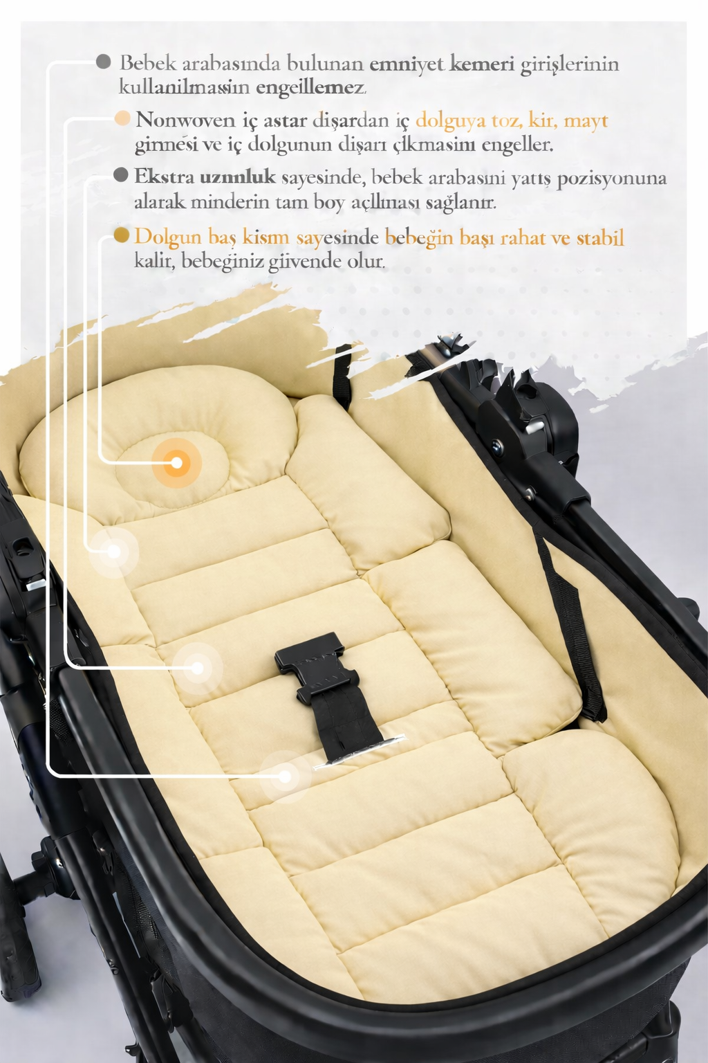 Sarı Lüks Bebek Arabası Minderi – Ergonomik Destekli – 80 x 38 cm