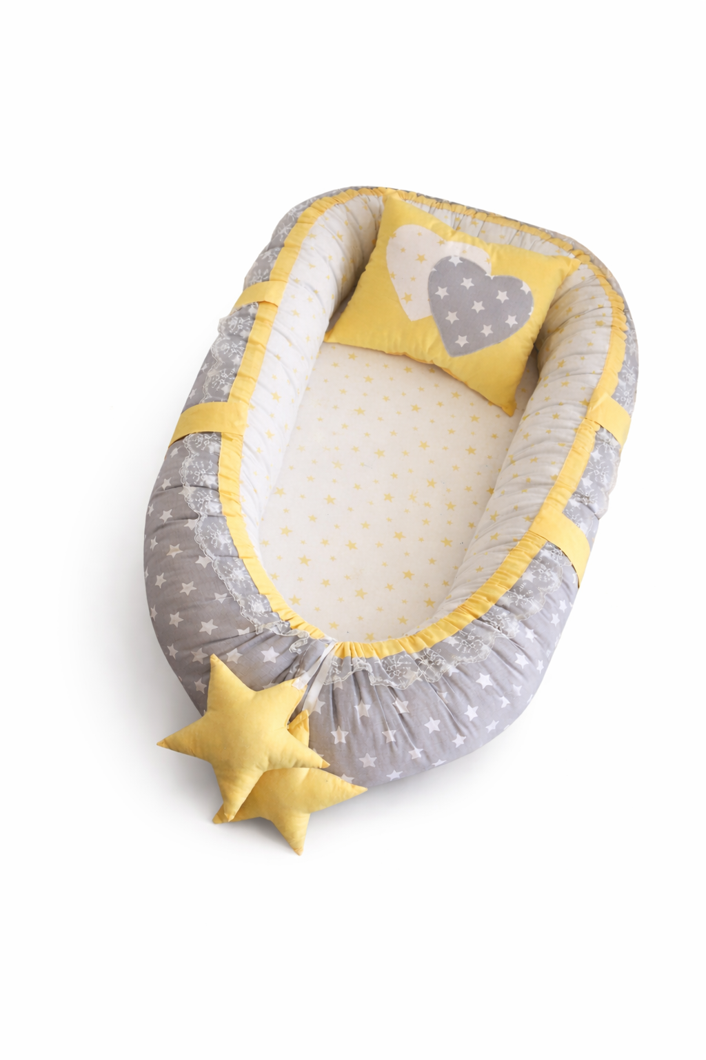 Sarı Yıldızlı Babynest – Ortopedik Kenar Destekli, Güvenli Bebek Yuvası