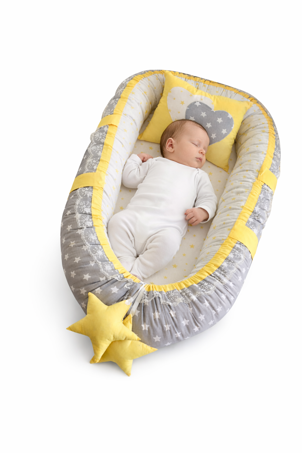 Sarı Yıldızlı Babynest – Ortopedik Kenar Destekli, Güvenli Bebek Yuvası