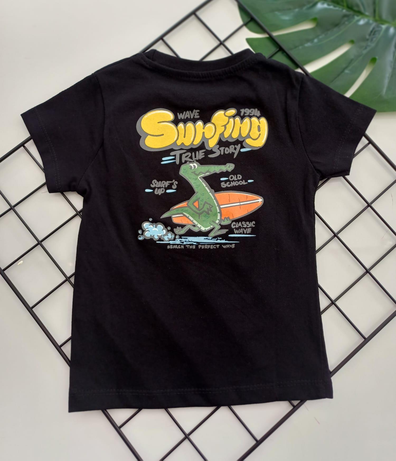 Siyah Surfiny Timsah Baskılı Erkek Çocuk T-shirt