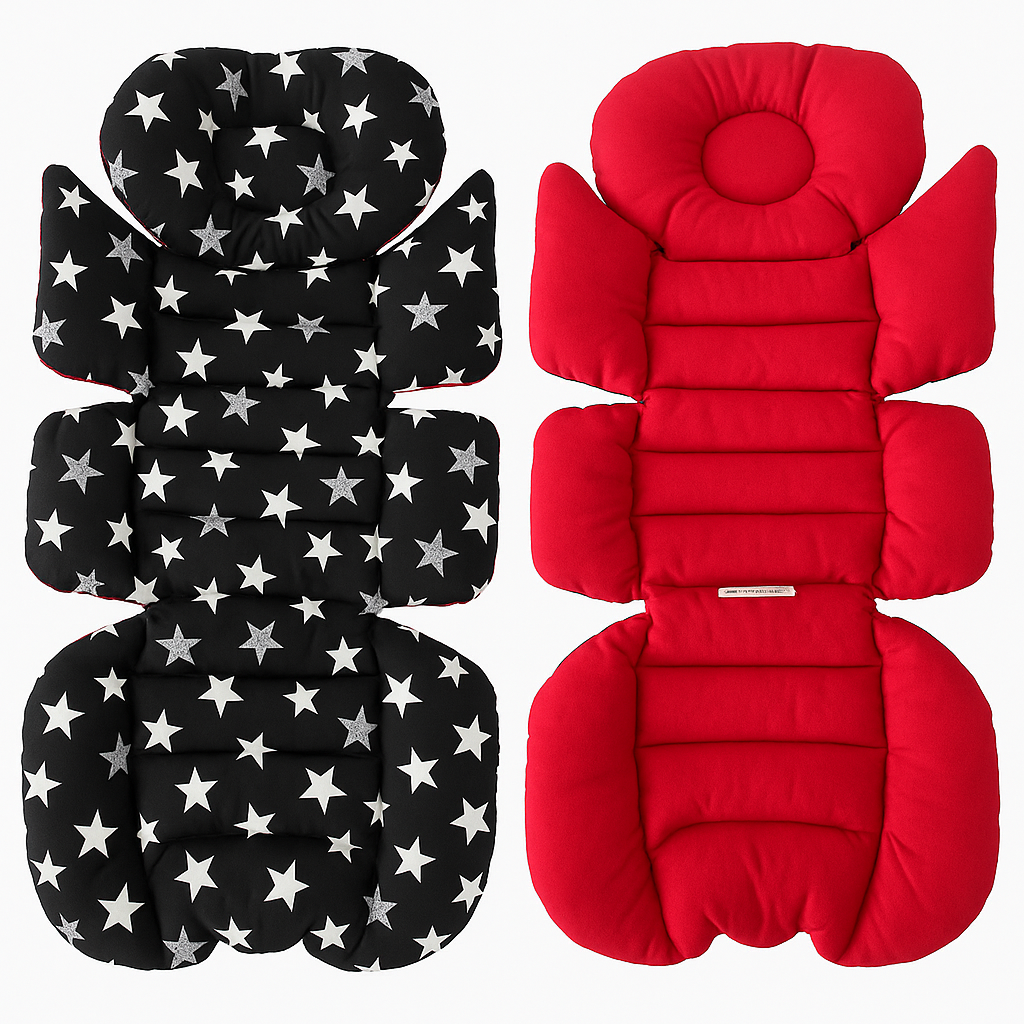 Siyah Yıldız - Kırmızı Bebek Arabası Minderi – Çift Taraflı, Ultra Konforlu, %100 Pamuk