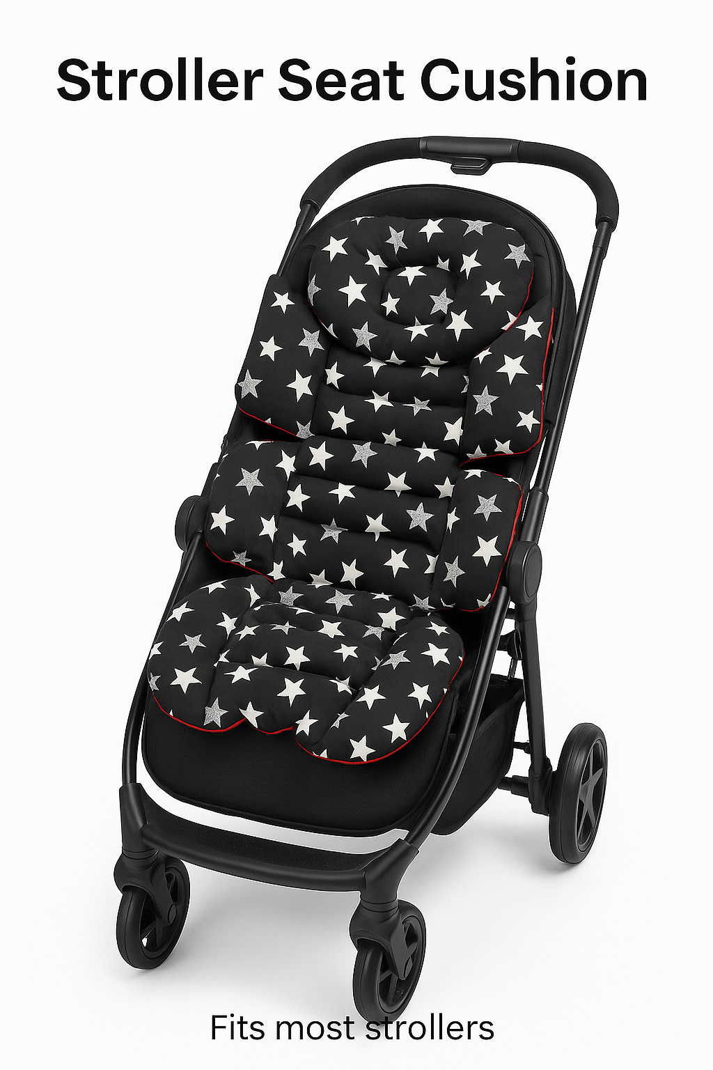 Siyah Yıldız - Kırmızı Bebek Arabası Minderi – Çift Taraflı, Ultra Konforlu, %100 Pamuk