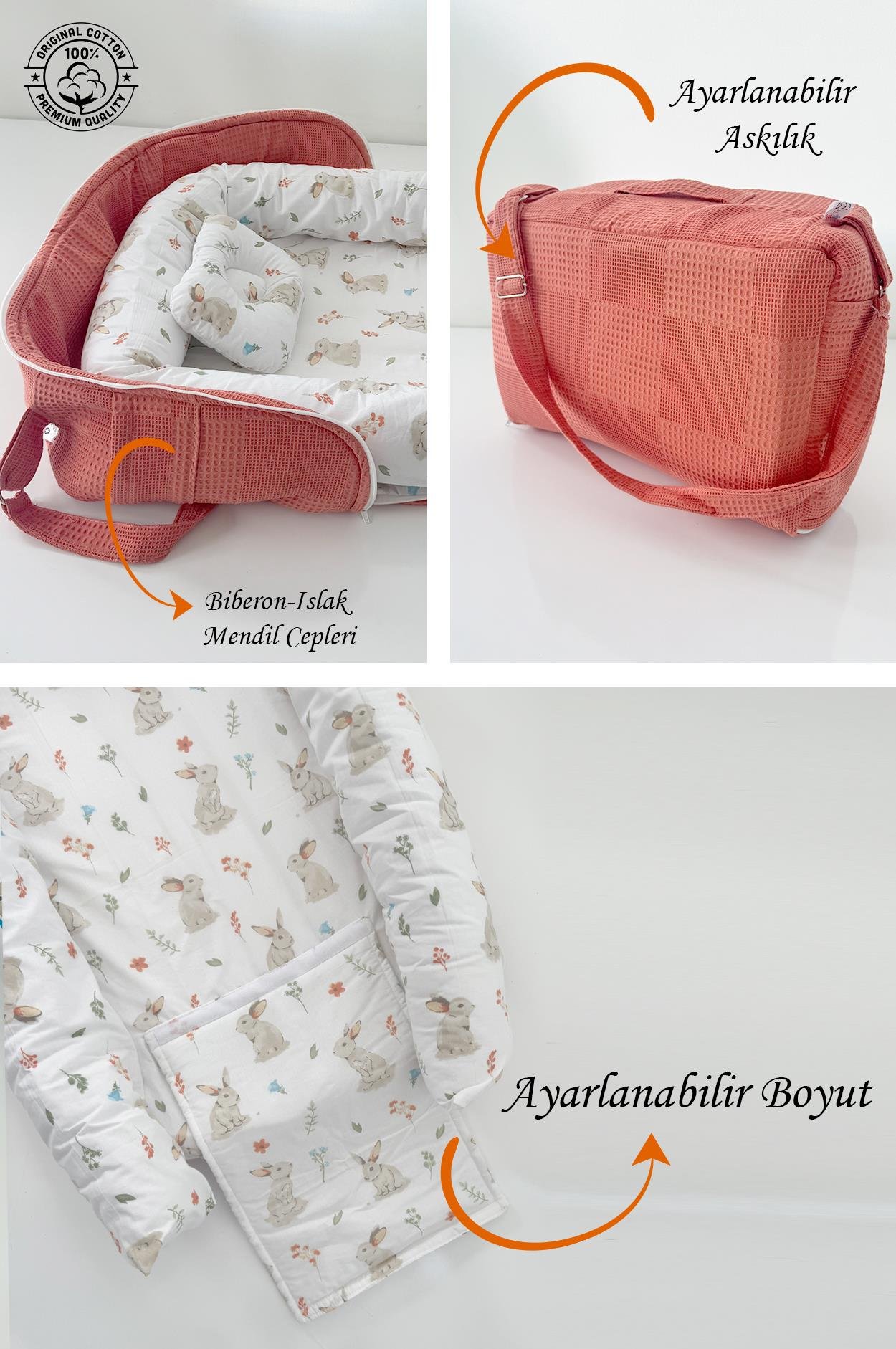 Tavşan Desen Kiremit Waffle Taşıma Çantalı Bebek Babynesti – Yumuşak ve Ergonomik Tasarım