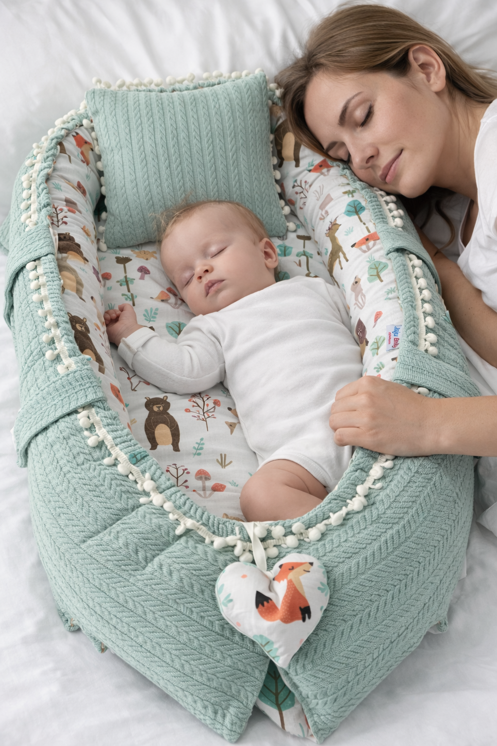 Yeşil Örgü Kumaş ve Orman Desenli Lüx Babynest - Premium Babynest