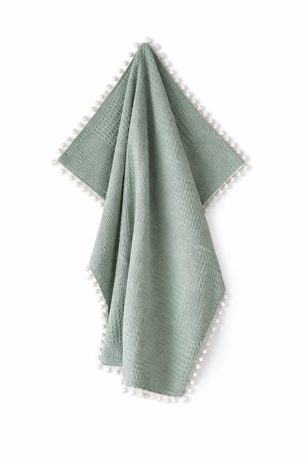 Yeşil Wafle Pike Kumaş Ceylan Tasarım Ponponlu Bebek Battaniyesi