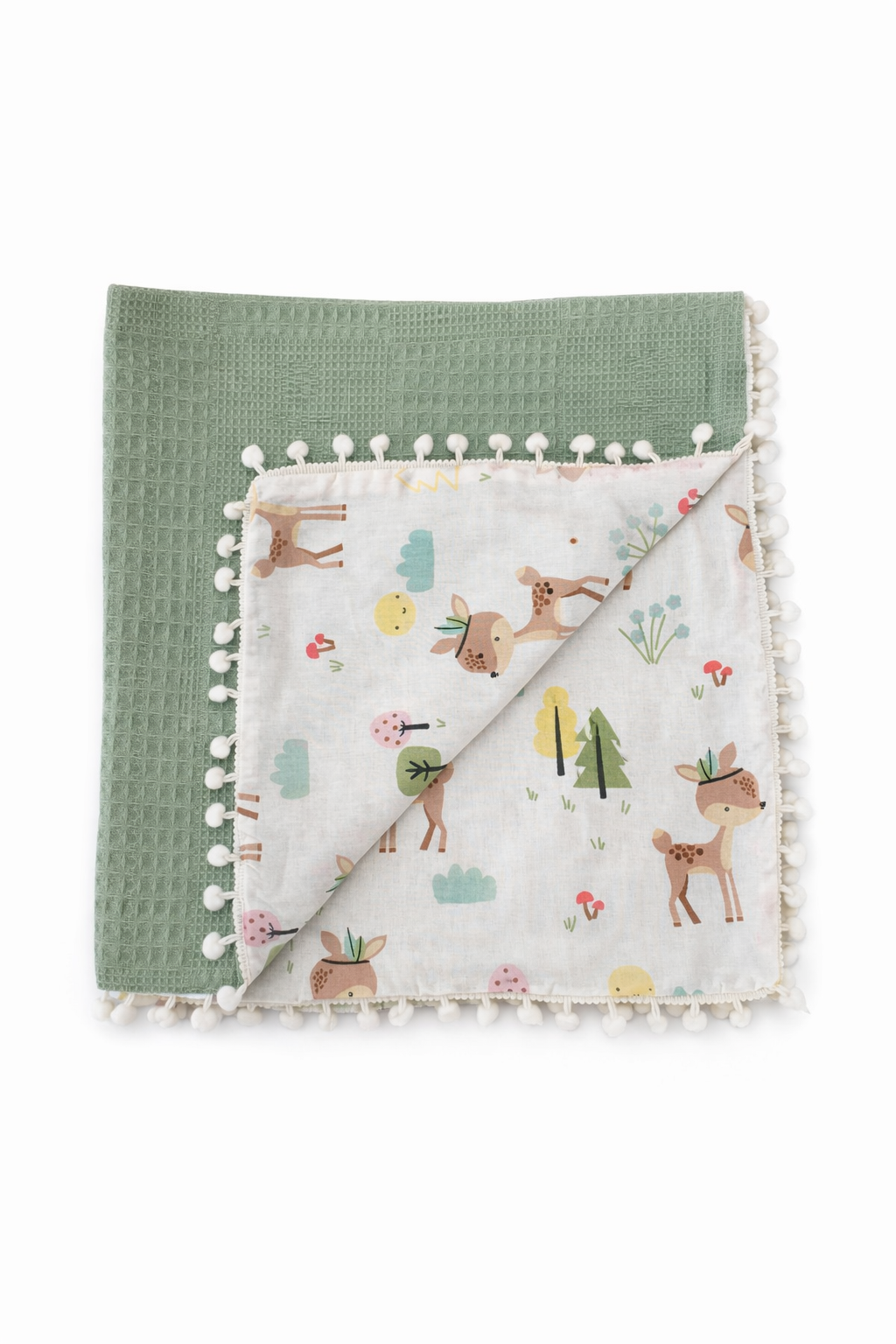 Yeşil Wafle Pike Kumaş Ceylan Tasarım Ponponlu Bebek Battaniyesi