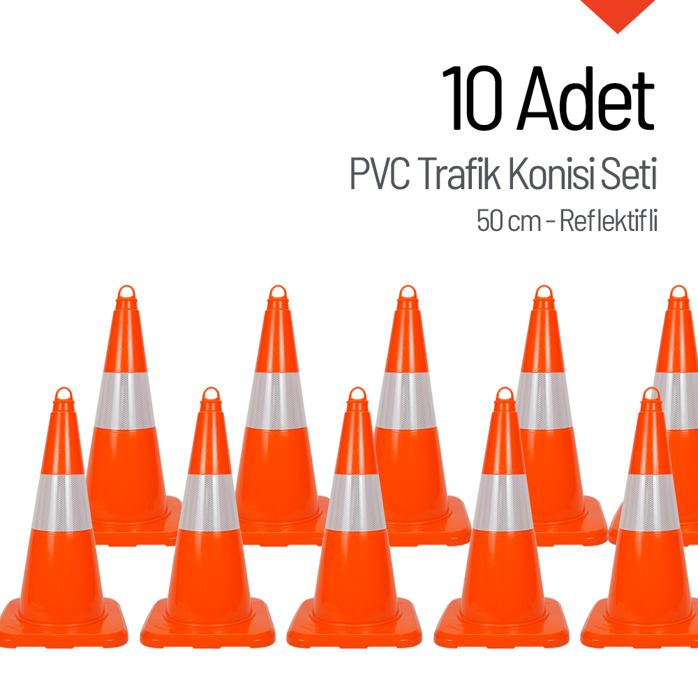 10 Adet PVC Trafik Konisi 50 cm Reflektifli Trafik Dubası SetiTrafik Konisi PVC 50 cm