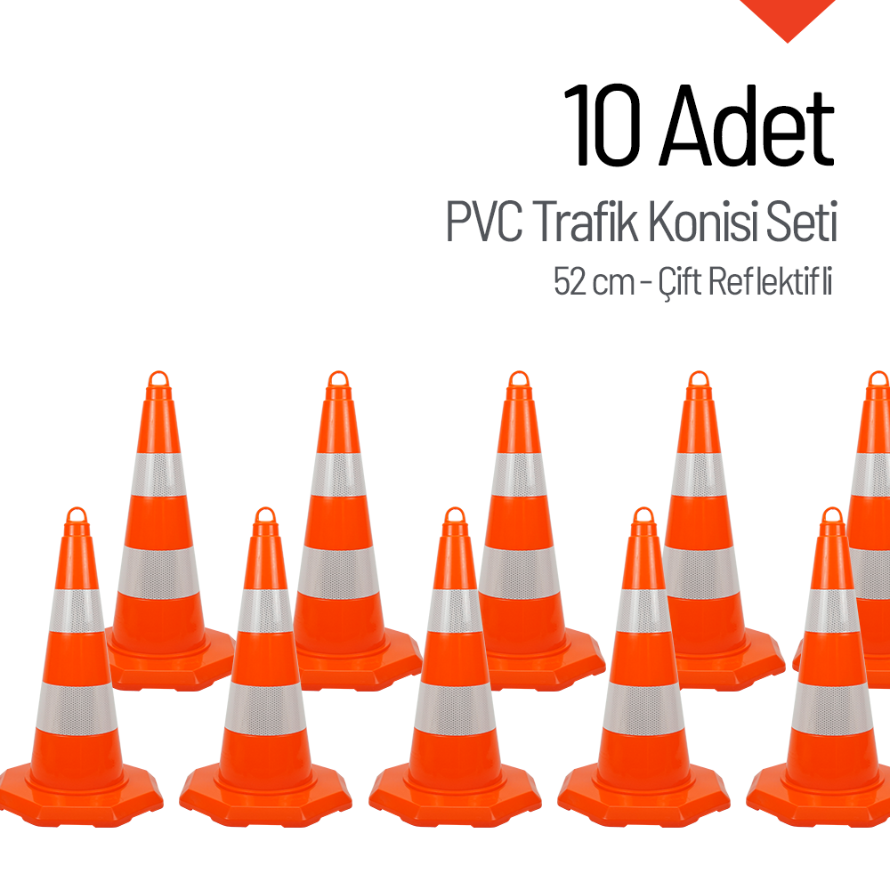 10 Adet PVC Trafik Konisi 52 cm Çift Reflektifli Trafik Dubası SetiTrafik Konisi PVC 50 cm