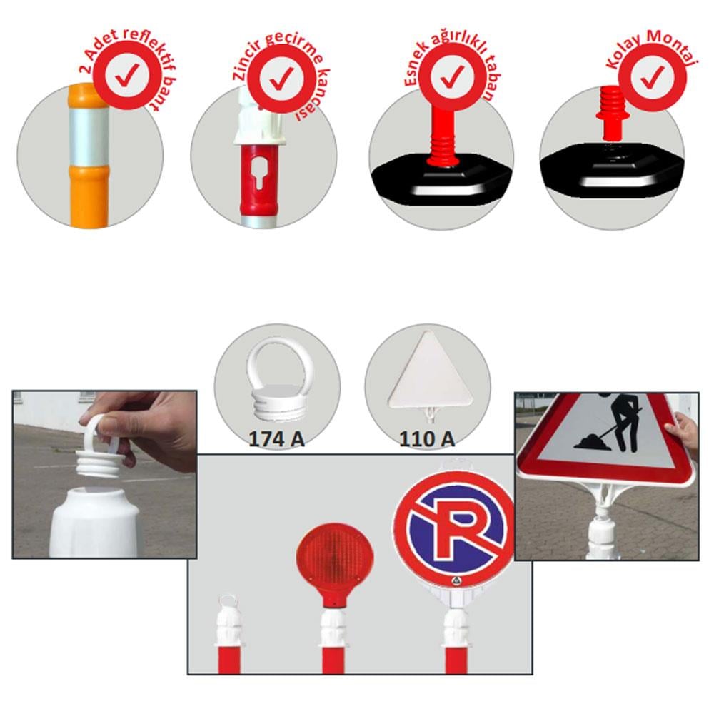 10'lu Dubalı Kırmızı Uyarı Dikmesi, 2 Reflektifli - 100 x 6 cmUyarı Dikmesi