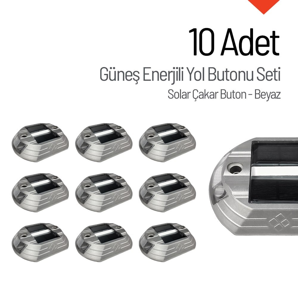 10`lu Set Güneş Enerjili Yol Butonu Beyaz, Solar Çakar ButonSolar Yol Butonu