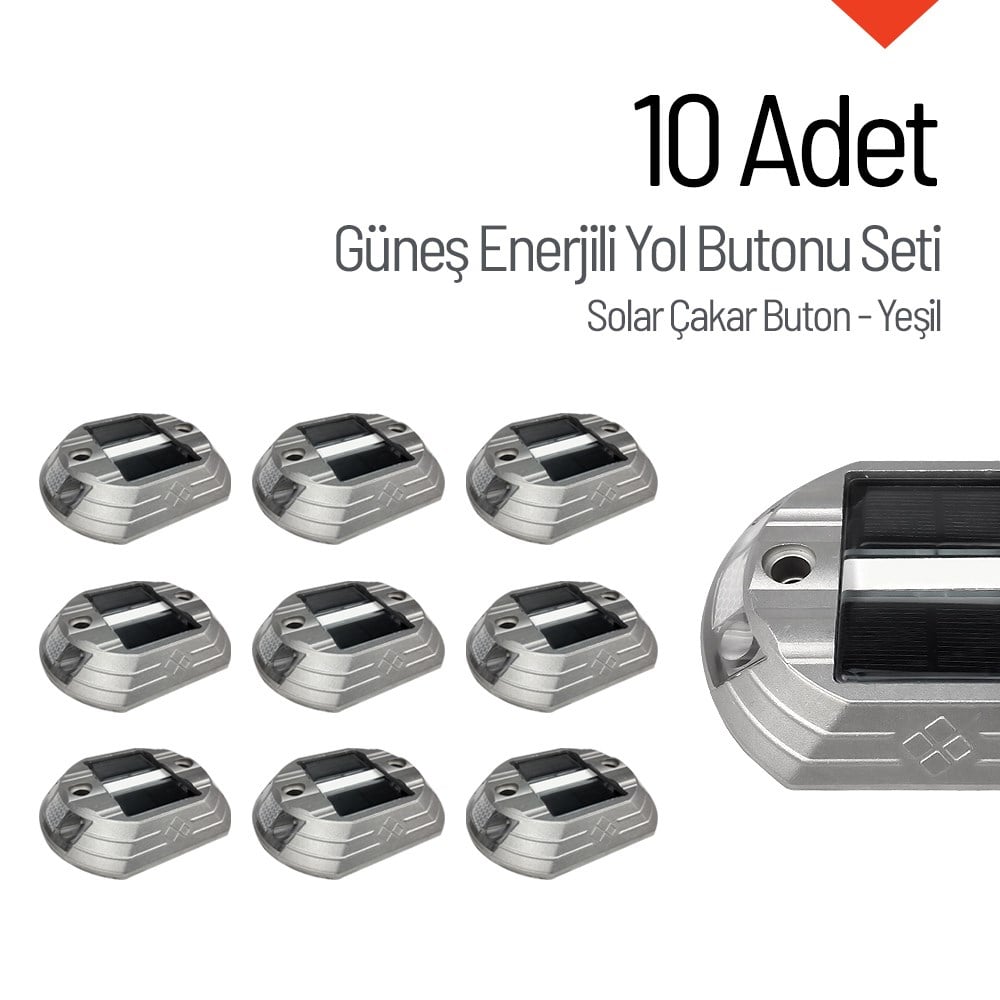 10`lu Set Güneş Enerjili Yol Butonu Yeşil, Solar Çakar ButonSolar Yol Butonu