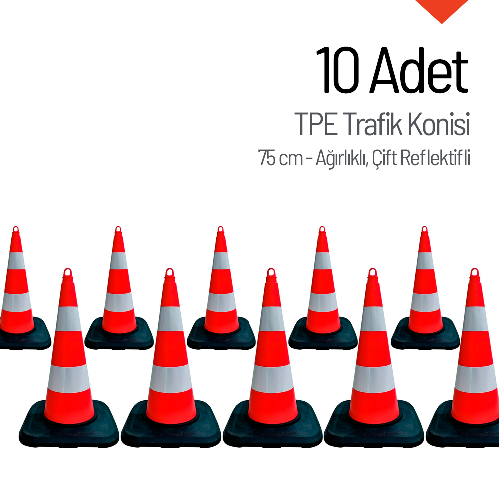 10'lu TPE Trafik Konisi Seti 75 cm Ağırlıklı Çift Reflektifli Trafik DubasıTrafik Konisi PPC 50-60-75 cm