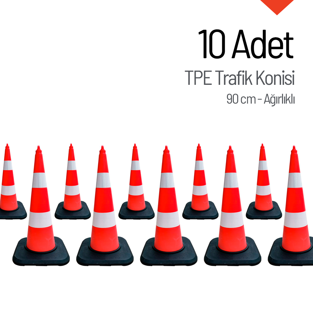 10'lu TPE Trafik Konisi Seti 90 cm Ağırlıklı Çift Reflektifli Trafik DubasıTrafik Konisi PPC 50-60-75 cm
