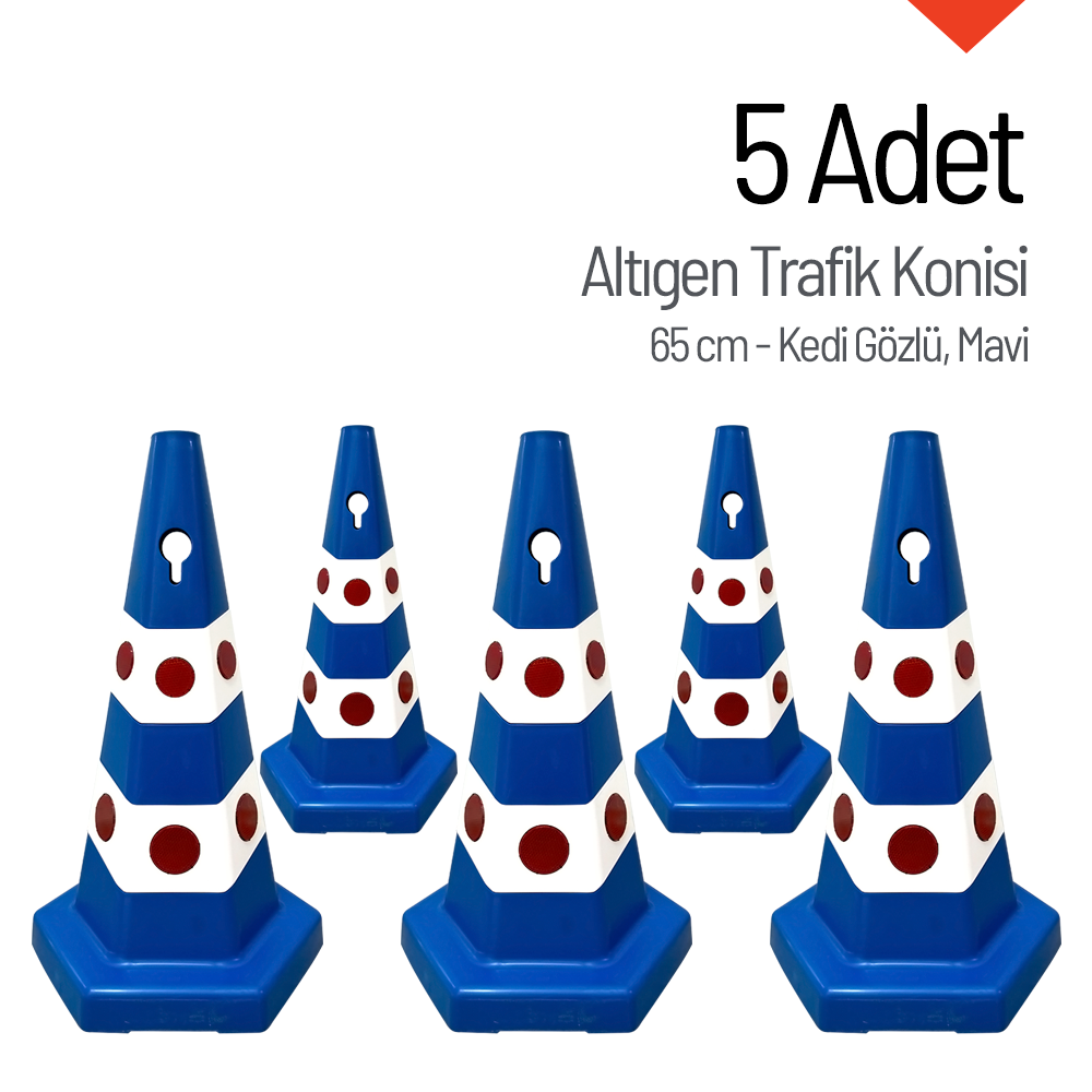 5 Adet Kedi Gözlü Mavi Altıgen Trafik Konisi 65 cm Trafik Dubası SetiTrafik Konisi PPC 50-60-75 cm