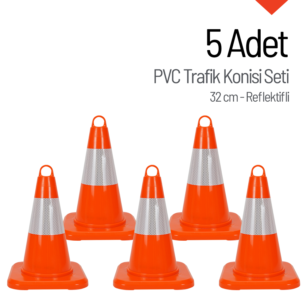 5 Adet PVC Trafik Konisi 32 cm Reflektifli Trafik Dubası SetiTrafik Konisi PVC 50 cm