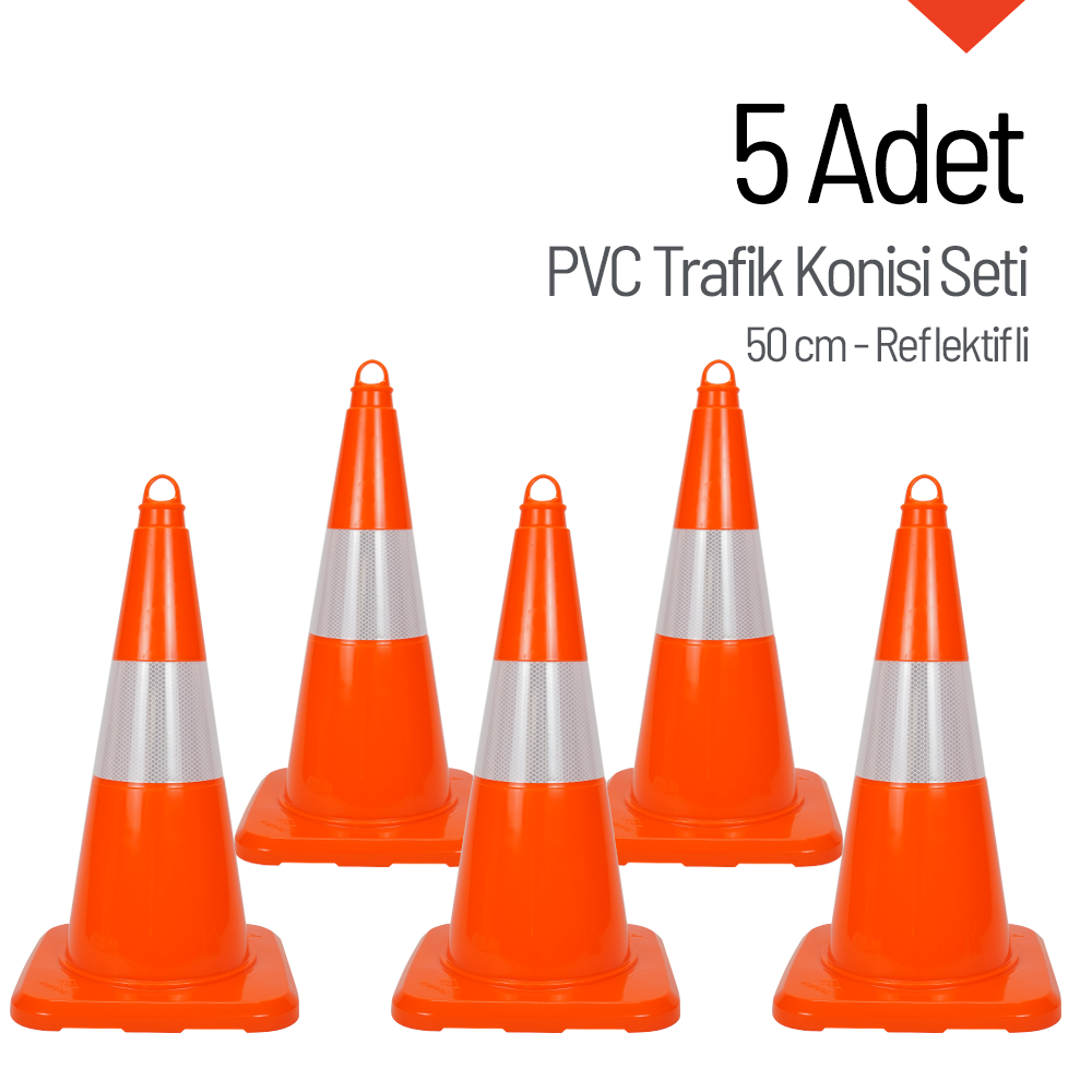 5 Adet PVC Trafik Konisi 50 cm Reflektifli Trafik Dubası SetiTrafik Konisi PVC 50 cm
