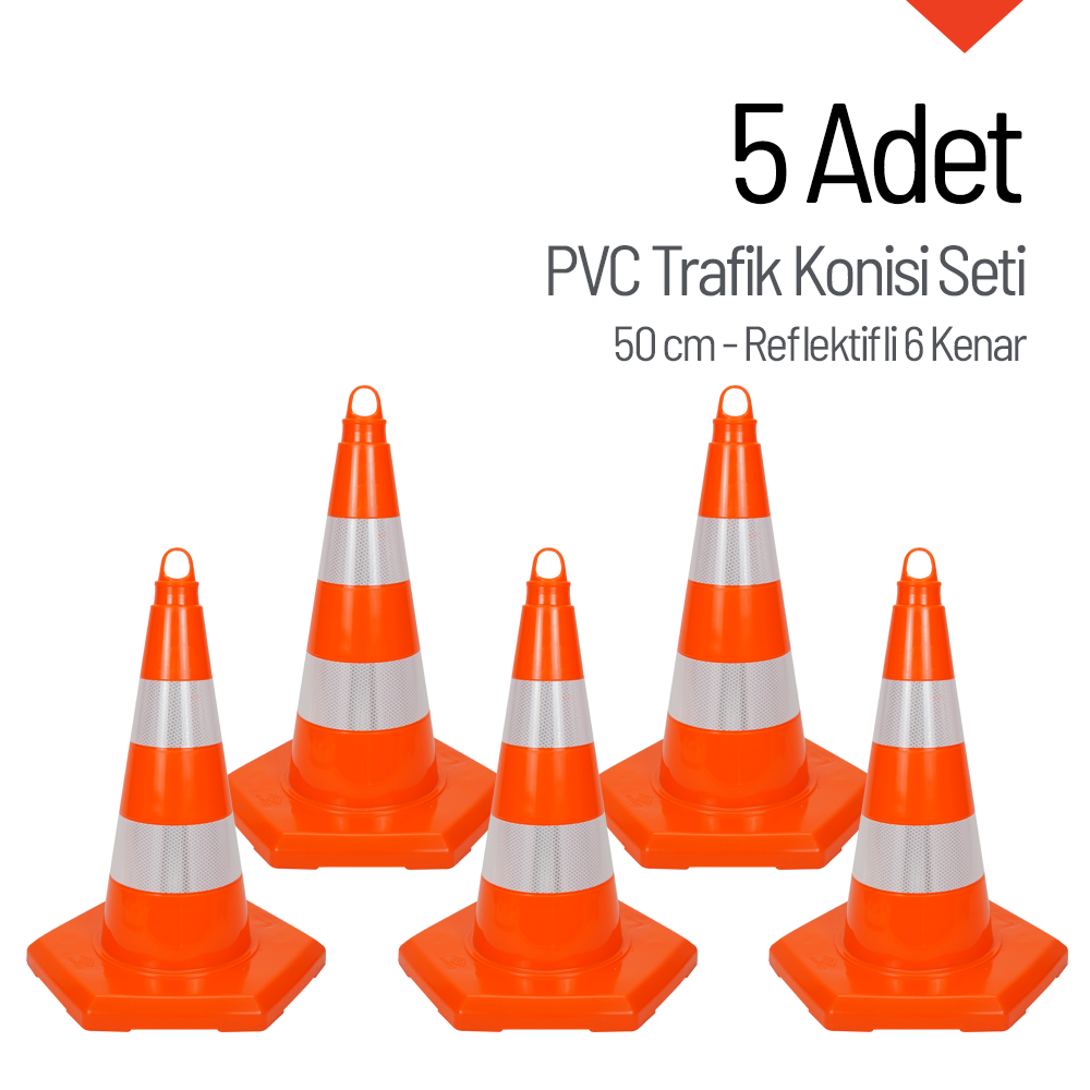 5 Adet PVC Trafik Konisi 50 cm Reflektifli 6 Kenar Trafik Dubası SetiTrafik Konisi PVC 50 cm