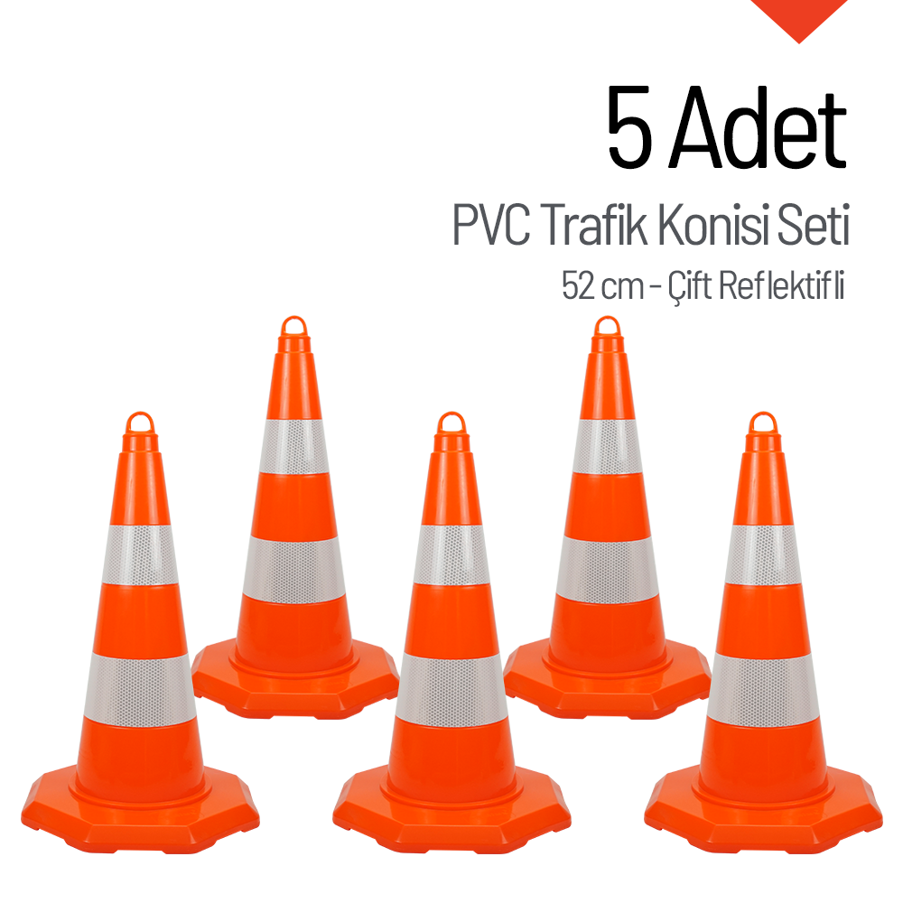 5 Adet PVC Trafik Konisi 52 cm Çift Reflektifli Trafik Dubası SetiTrafik Konisi PVC 50 cm