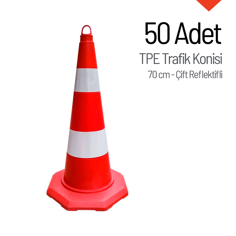 50'li TPE Trafik Konisi Seti 70 cm Çift Reflektifli Trafik DubasıTrafik Konisi PPC 50-60-75 cm