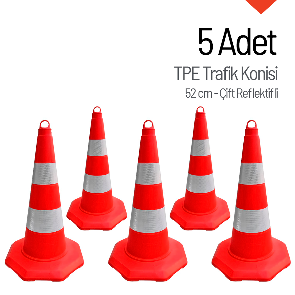 5'li TPE Trafik Konisi Seti 52 cm Çift Reflektifli Trafik DubasıTrafik Konisi PVC 50 cm