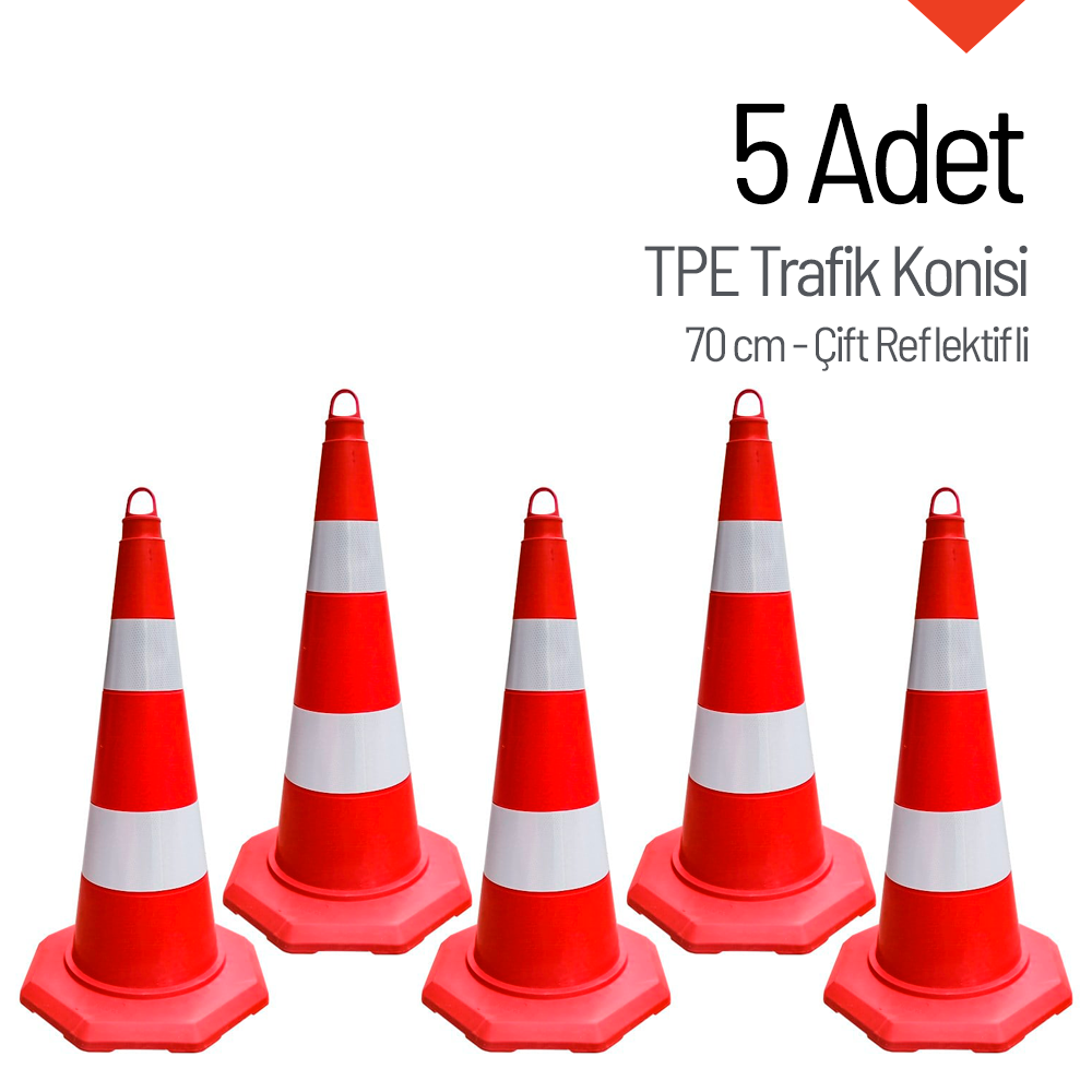 5'li TPE Trafik Konisi Seti 70 cm Çift Reflektifli Trafik DubasıTrafik Konisi PPC 50-60-75 cm
