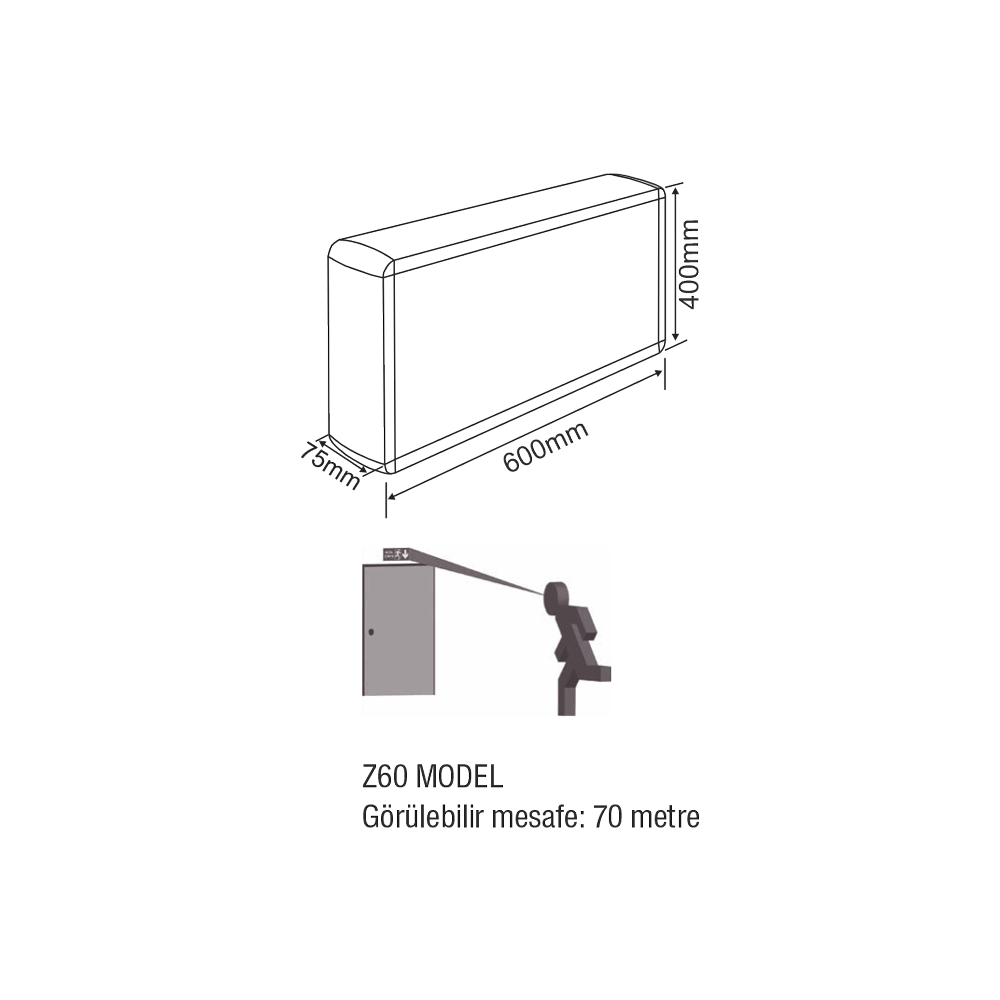 Çiftyüz Acil Çıkış Yönlendirme Armatürü Z Seri 75 x 600 x 400mmSıva Üstü