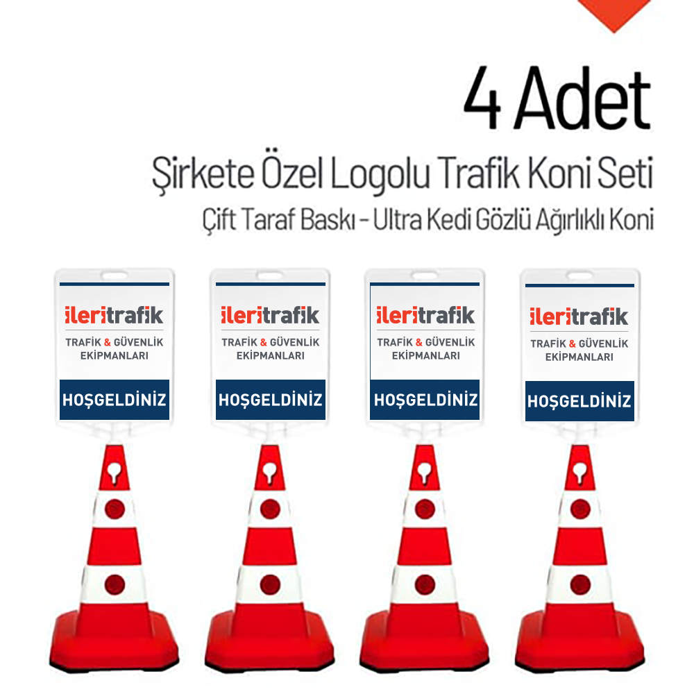 Şirkete Özel Logo Çift Taraf Baskı Ultra Kedi Gözlü Ağırlıklı Trafik Koni 4 Adet Trafik DubasıTrafik Konisi Setleri