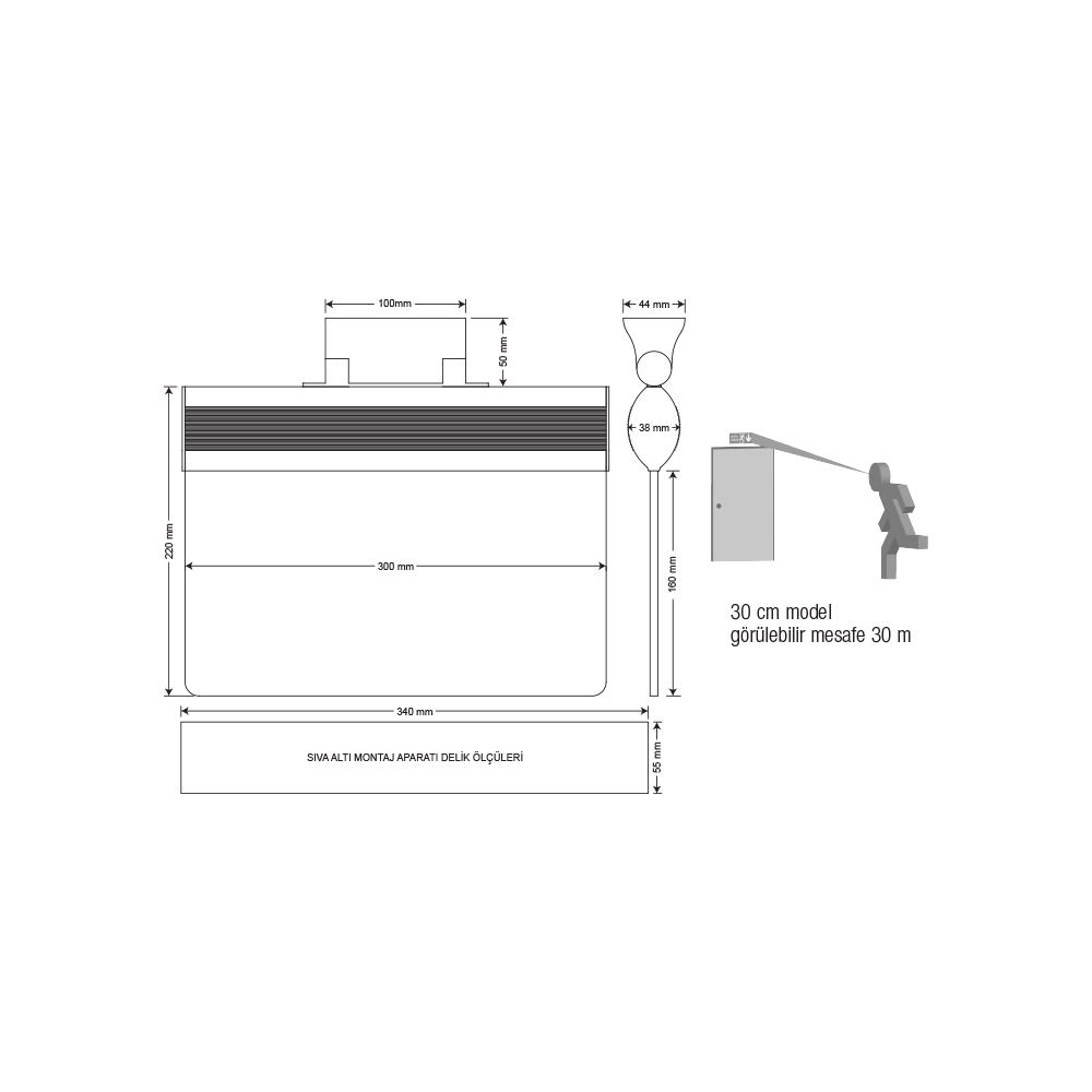 Tekyüz Sıva Altı Acil Çıkış Yönlendirme Armatürü O Seri 38 x 300 x 220 mmSıva Altı
