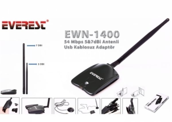 Everest EWN-1400 54 Mbps Usb 5 7dBi Antenli Kablosuz Adaptör