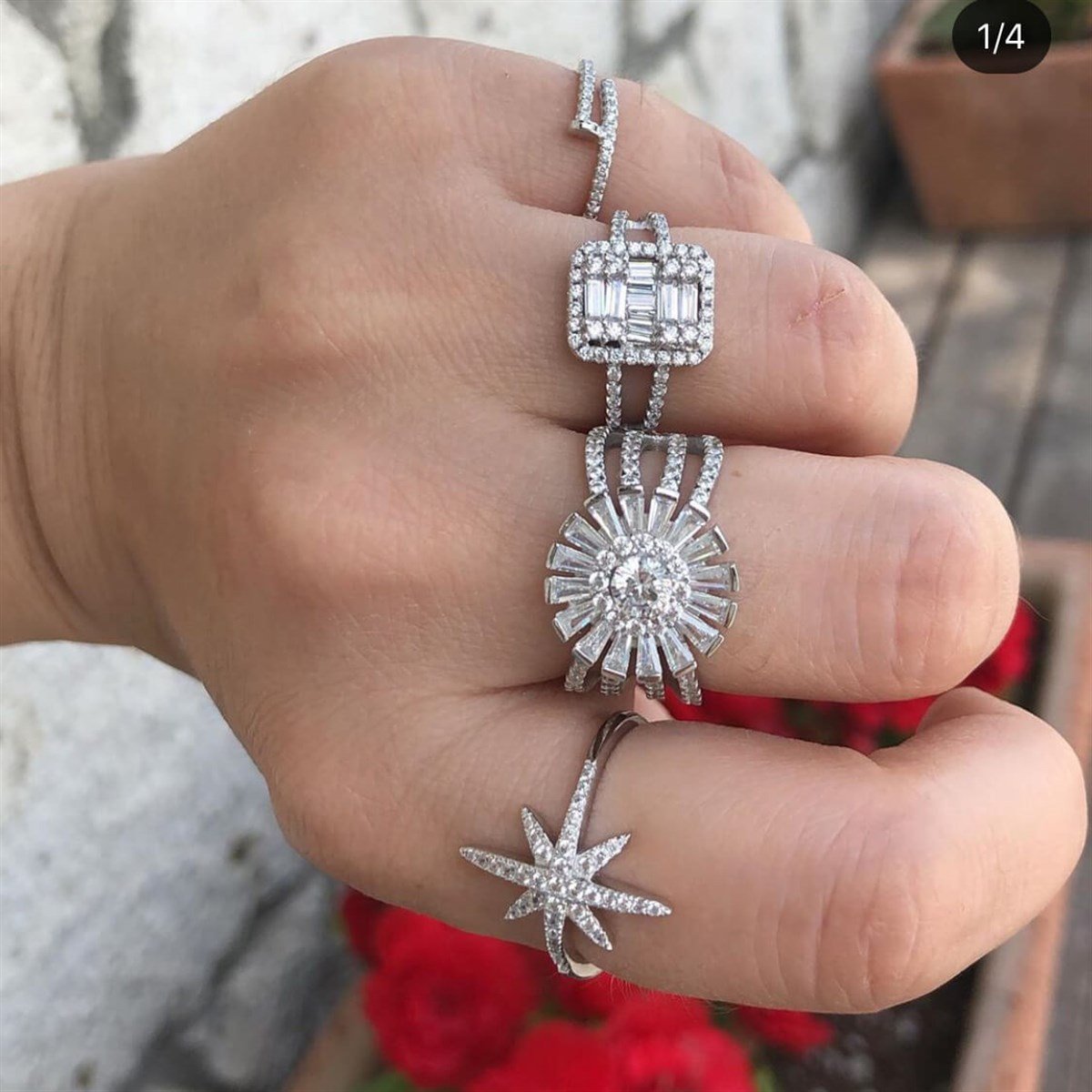 Baget Taş Çiçek Desen İthal Yüzük