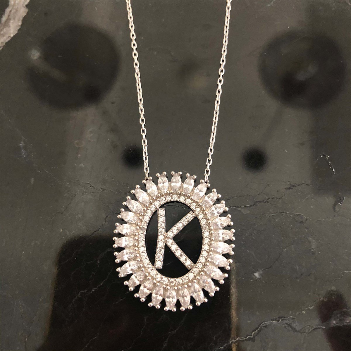 K Harfli Baget Taşlı Harf Kolye 
