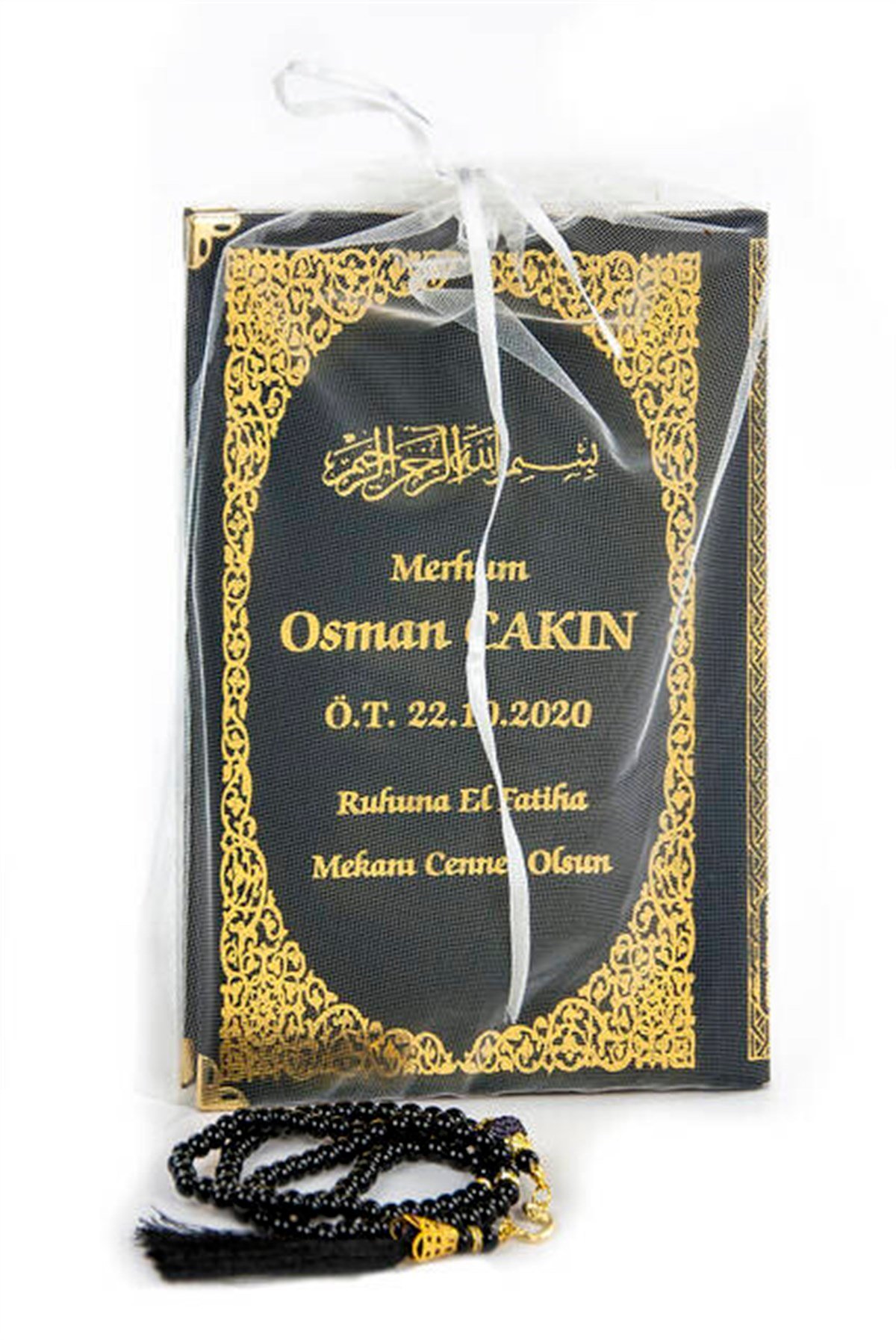 50 ADET - İsim Baskılı Ciltli Yasin Kitabı - Orta Boy - İnci Tesbihli - Tül Keseli - Siyah Renk