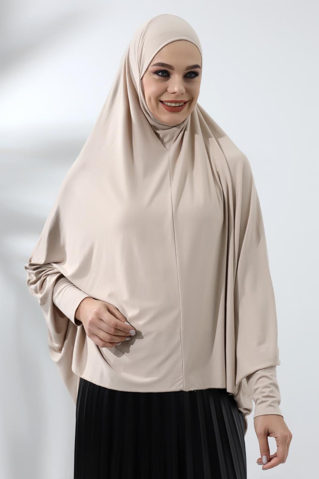 Bej Hazır Pratik Sultanbaş Tesettür Kollu Penye Sufle Eşarp Hijab