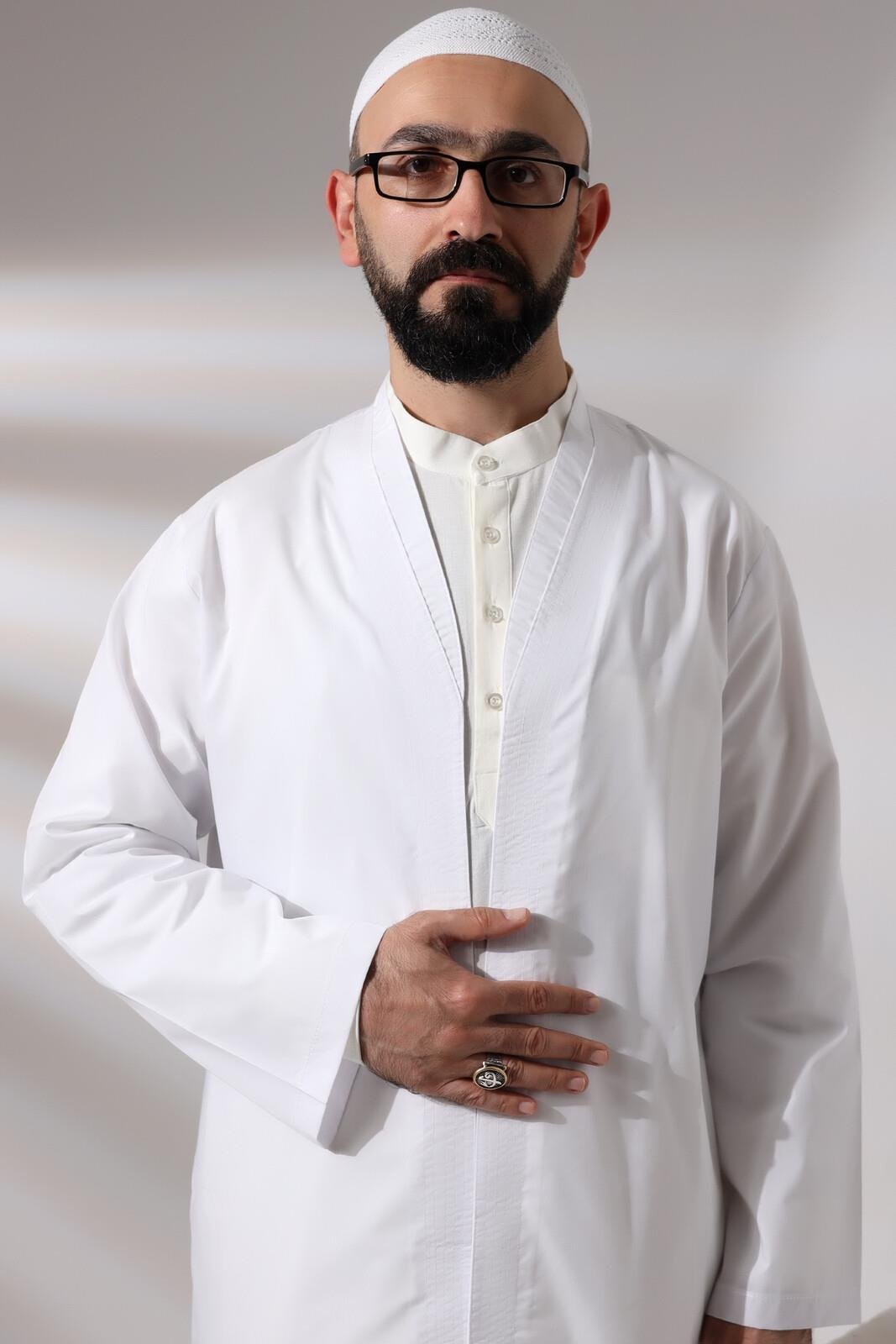 Beyaz Erkek Namaz Elbisesi V Yaka Düğmesiz Önü Açık Namaz Cübbesi