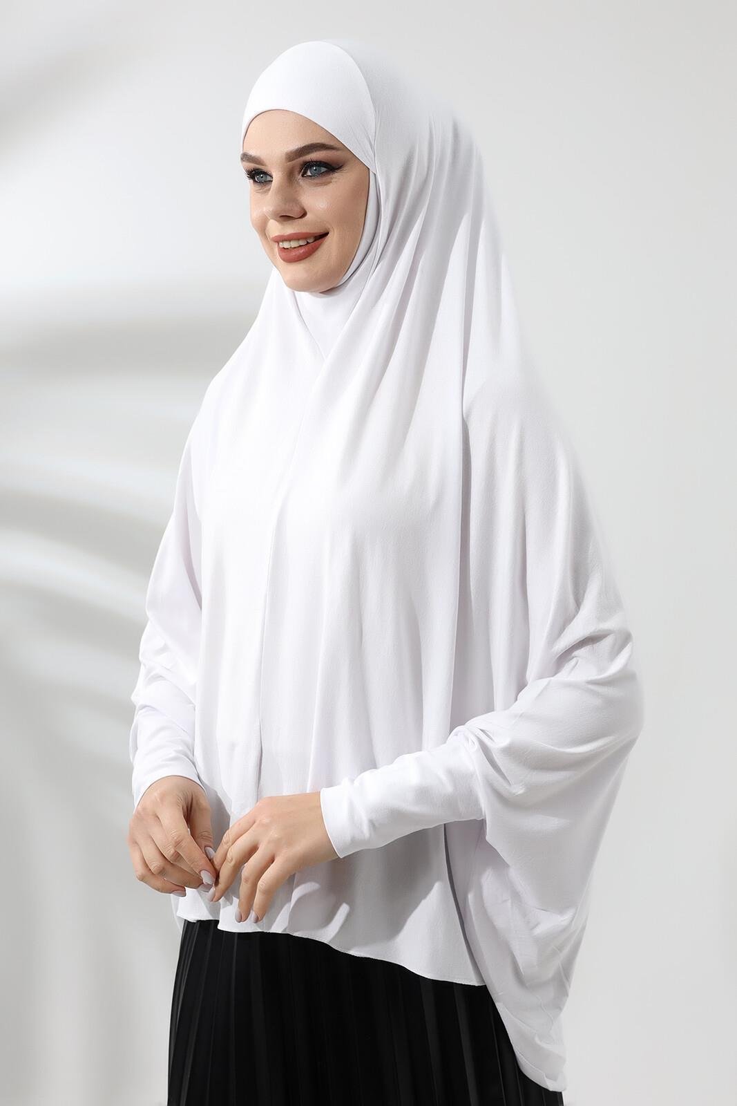Beyaz Hazır Pratik Sultanbaş Tesettür Kollu Penye Sufle Eşarp Hijab