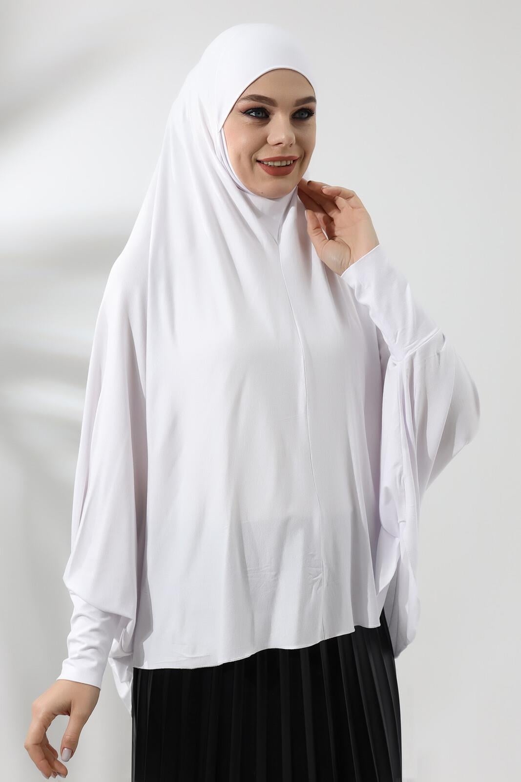 Beyaz Hazır Pratik Sultanbaş Tesettür Kollu Penye Sufle Eşarp Hijab