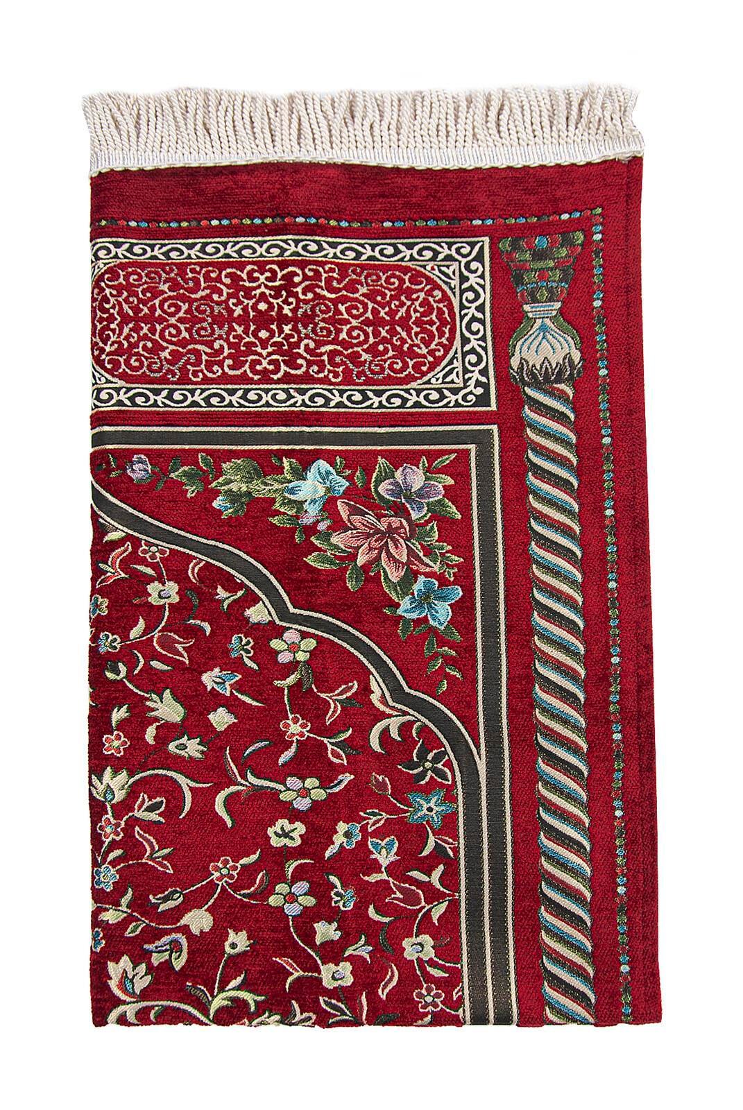 Bordo Çiçekli Ravza Desenli Astarlı Şönil Seccade