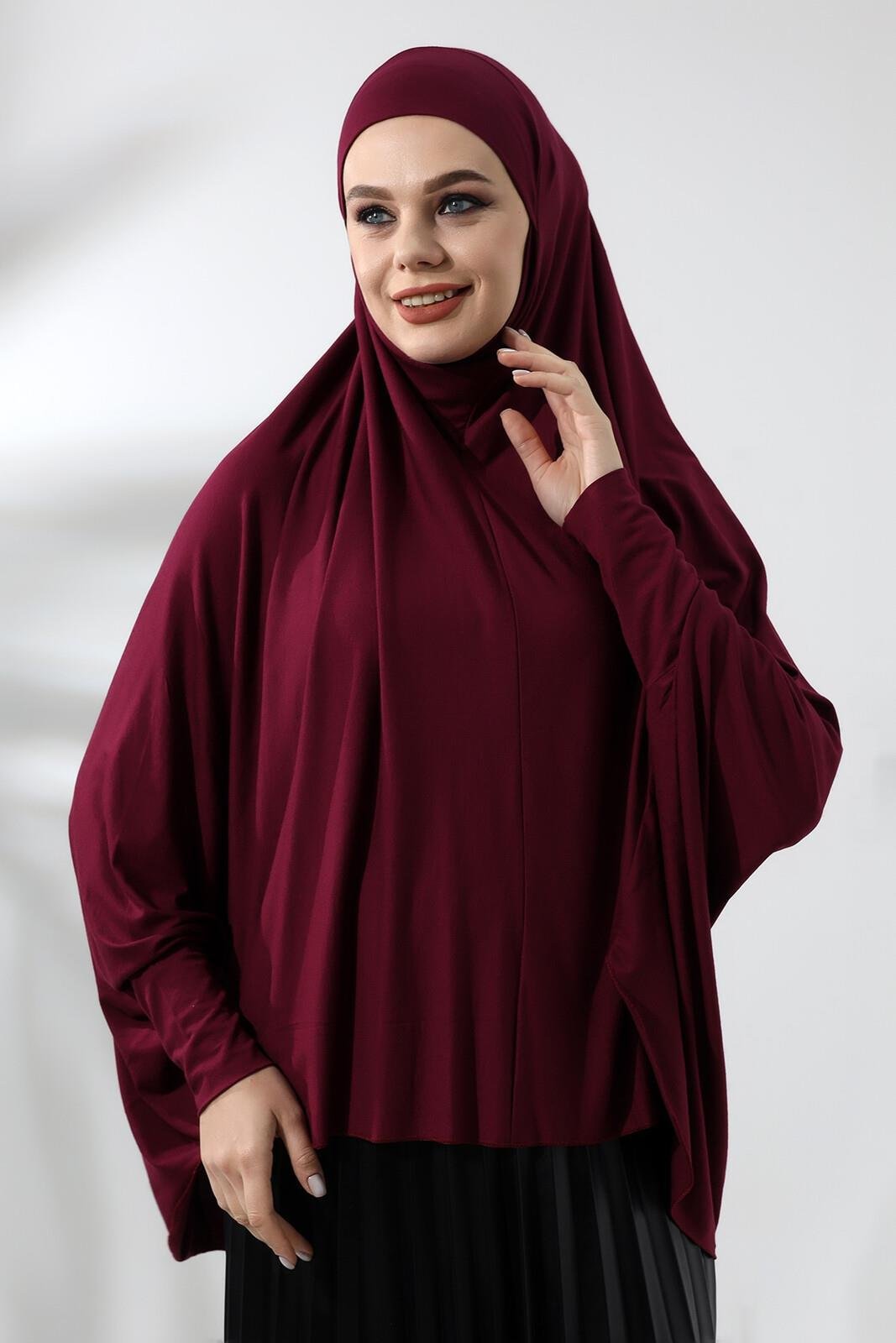 Bordo Hazır Pratik Sultanbaş Tesettür Kollu Penye Sufle Eşarp Hijab