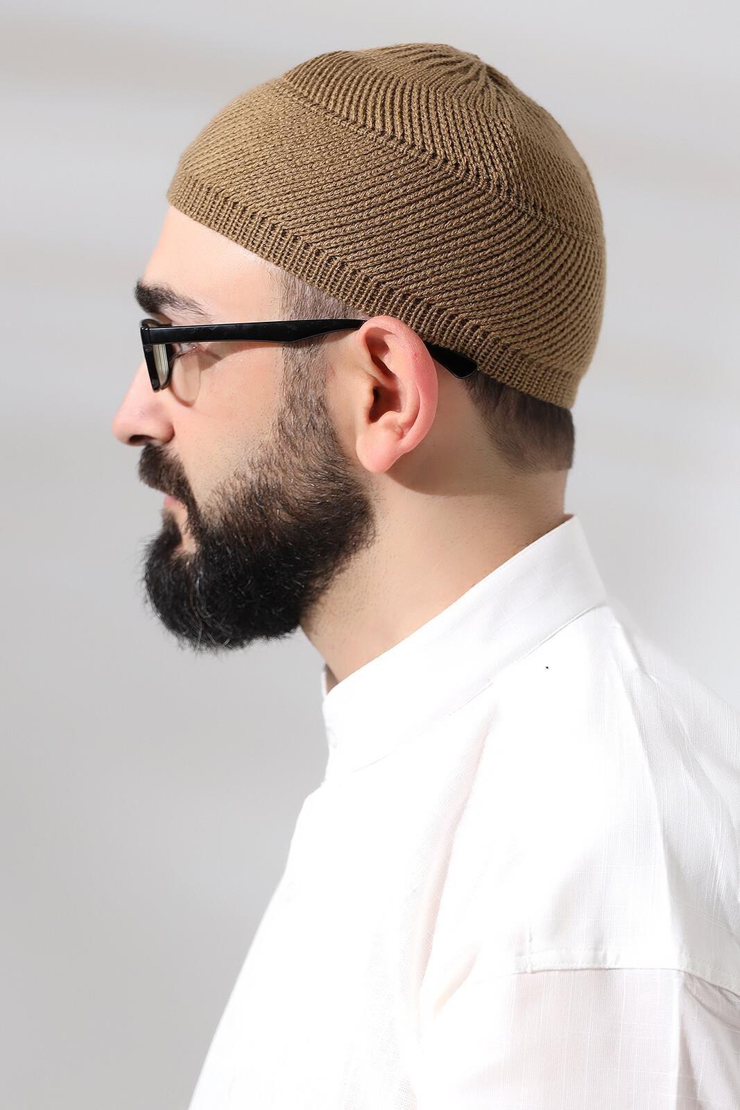 Camel Süper Namaz Dantel Detaylı Örme Orlon Namaz Takkesi