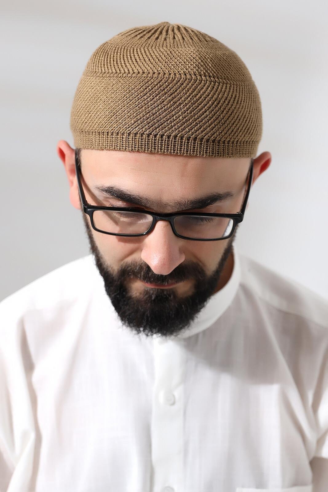 Camel Süper Namaz Dantel Detaylı Örme Orlon Namaz Takkesi